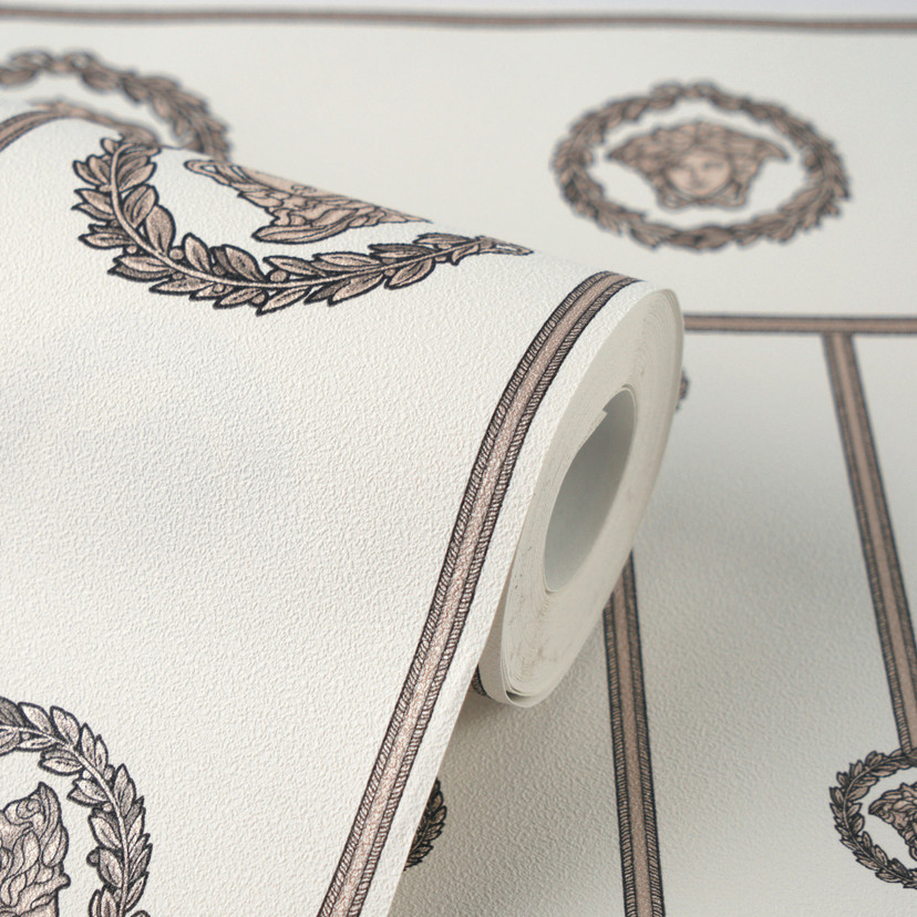 Tapeta z włókniny Versace border głowa meduzy biały beżowy metalik