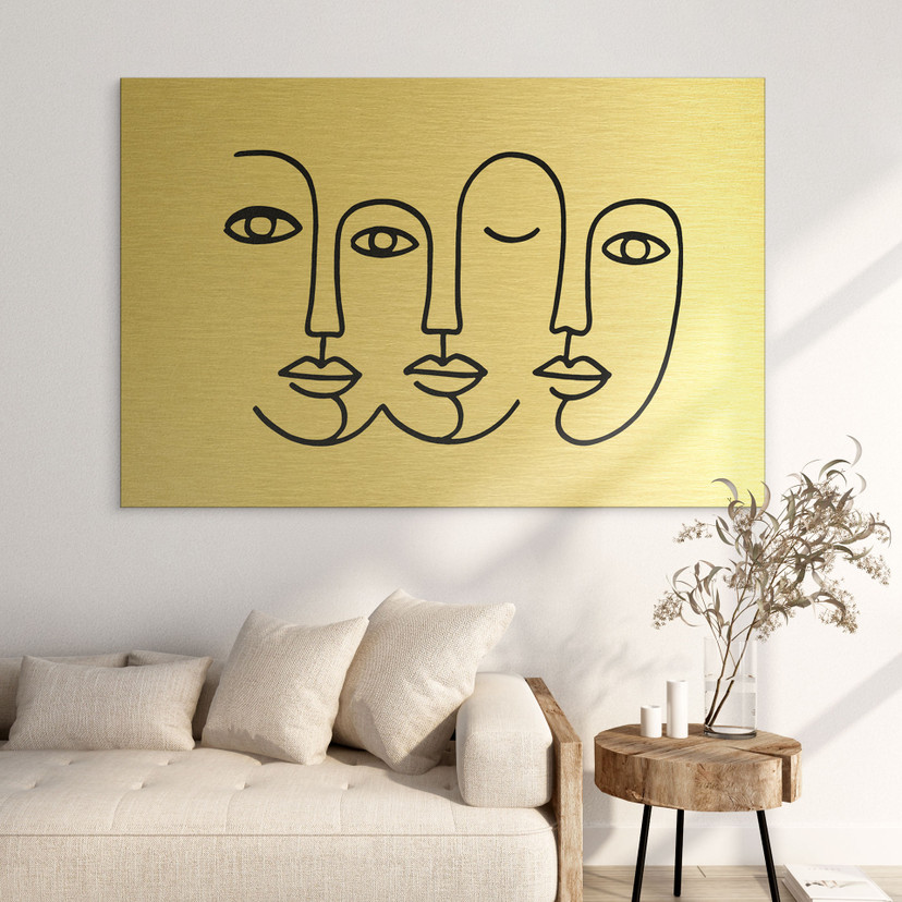 Alu-Dibond brossé avec Effet Doré, Argenté & Cuivré - Visages Line Art - Treechild