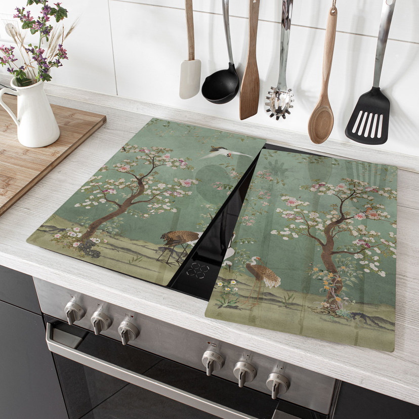 Plaque de recouvrement pour cuisinière Grues dans un paysage floral - Bloomery Decor