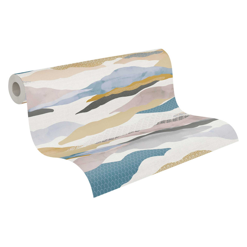 Tapeta abstrakcyjna góry akwarela - Tapeta z włókniny w kolorze beżowym niebieskim szarym - Tapety w