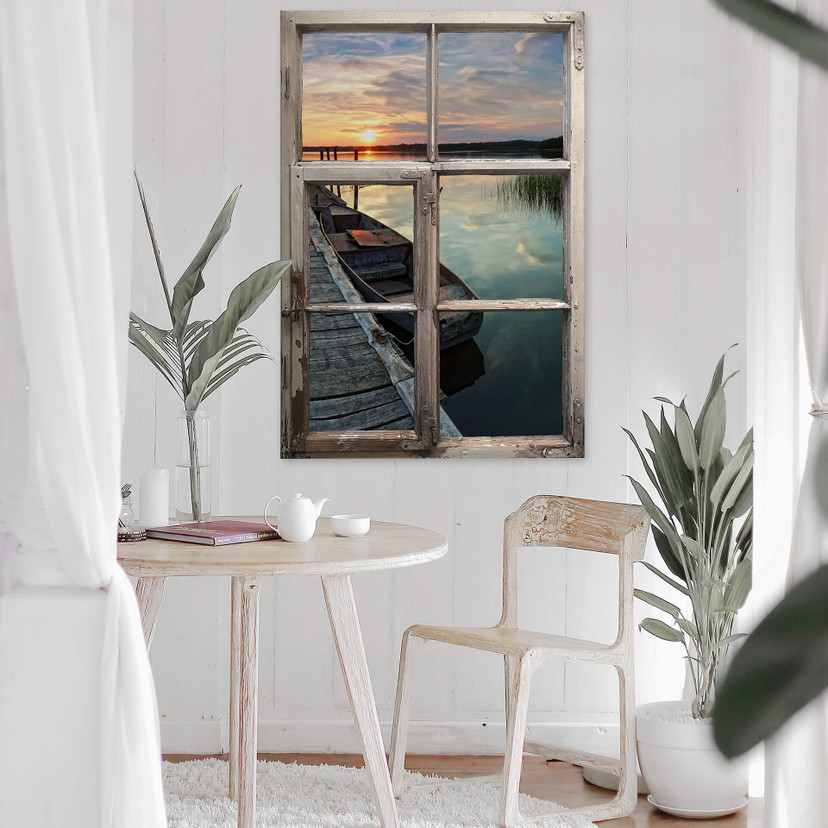 3D Wallsticker vindue shabby - Solnedgang ved søen