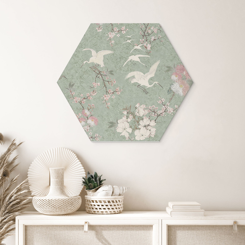 Sekskantet Billede af kraner i en kirsebærblomst Rush Green - Bloomery Decor - Aluminium Dibond