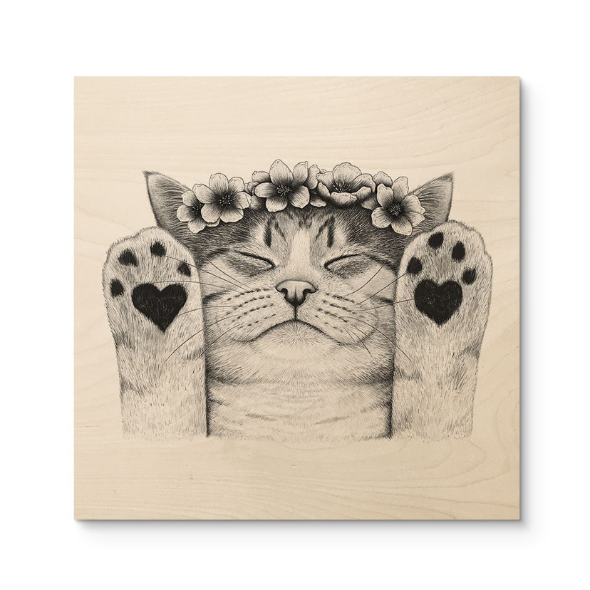 Houten Wanddecoratie Lieve kat met hartjespootjes - Korenkova - Vierkant