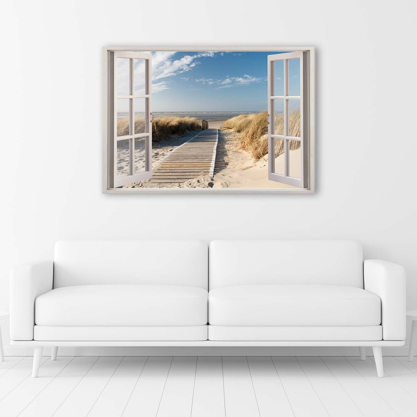 Canvasbillede, Vinduesudsigt over strand