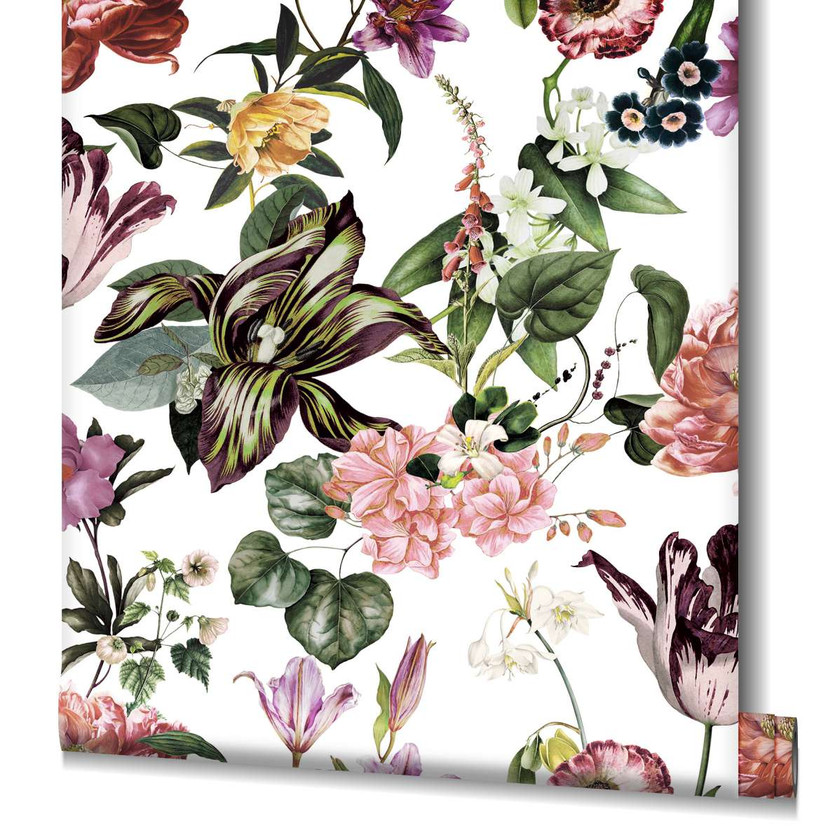Tapet, non-woven blomstertapet Flora hvid, rosa