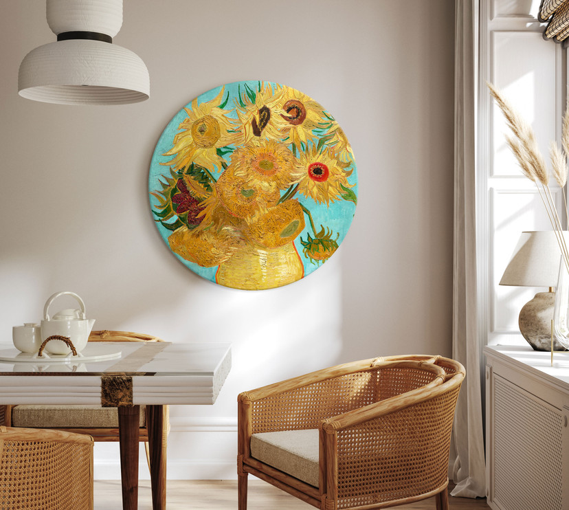 Rundes Leinwandbild van Gogh - Zwölf Sonnenblumen in einer Vase