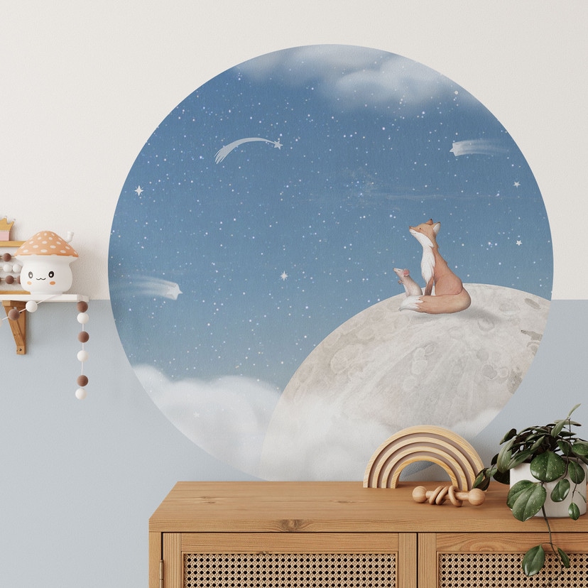 Adesivo murale Volpe sulla luna con stelle cadenti - Oliver Robins - Tondo
