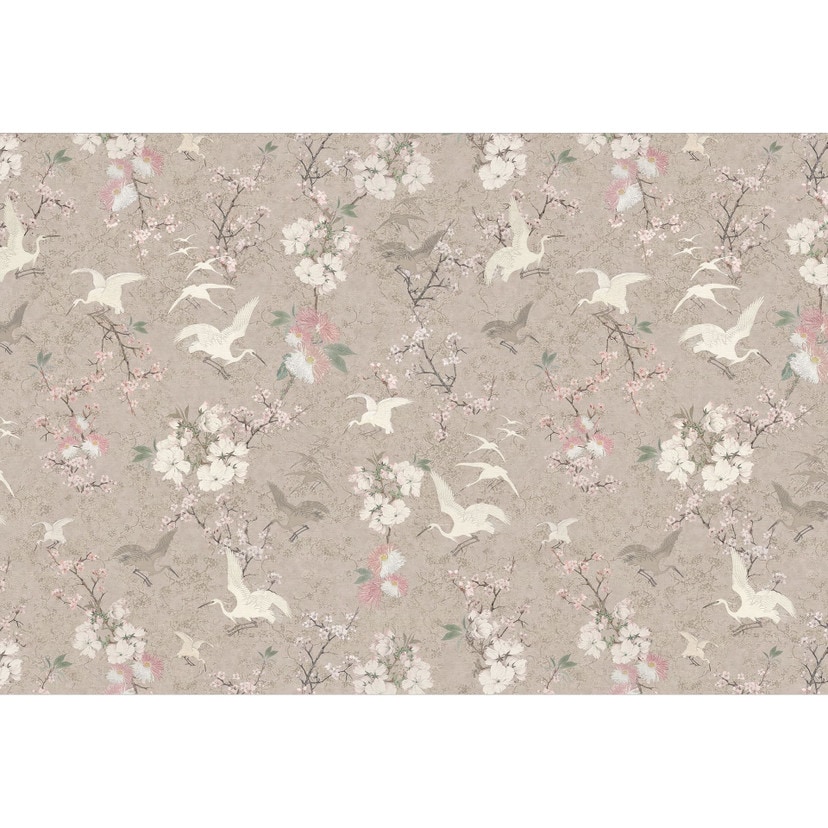Fototapeta z ptakami Japandi | Żurawie w kolorze beżowym kwitnącej wiśni - Bloomery Decor