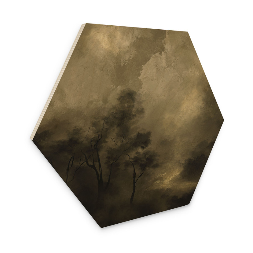 Tableau sur bois Hexagon Arbres dans la brume du crépuscule - Hobday