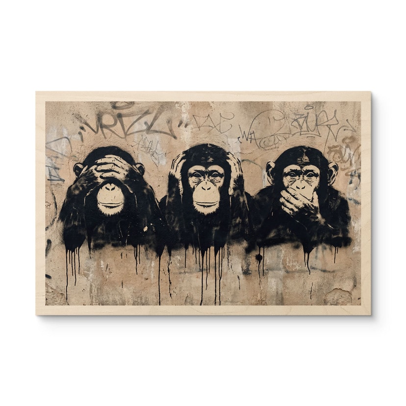 Houten Wanddecoratie Drie Apen Streetart Graffiti - Magnusson