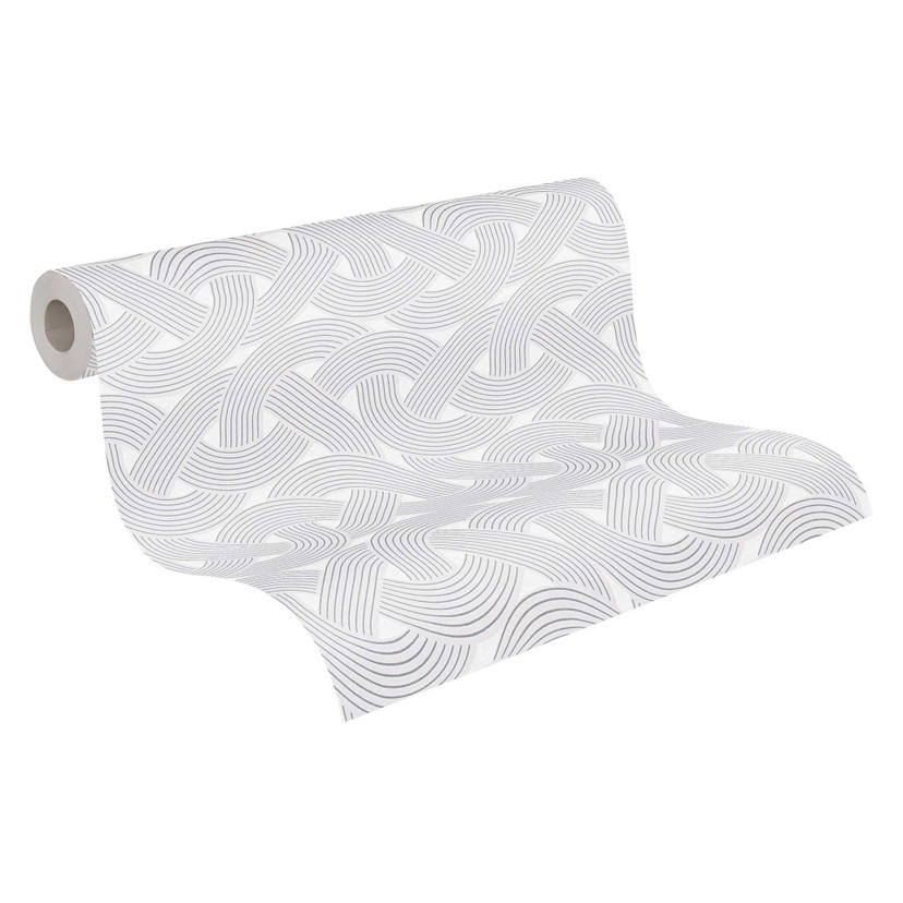 Tapeta flizelinowa w stylu art deco biało srebrna - graficzna tapeta z wzorem w linie