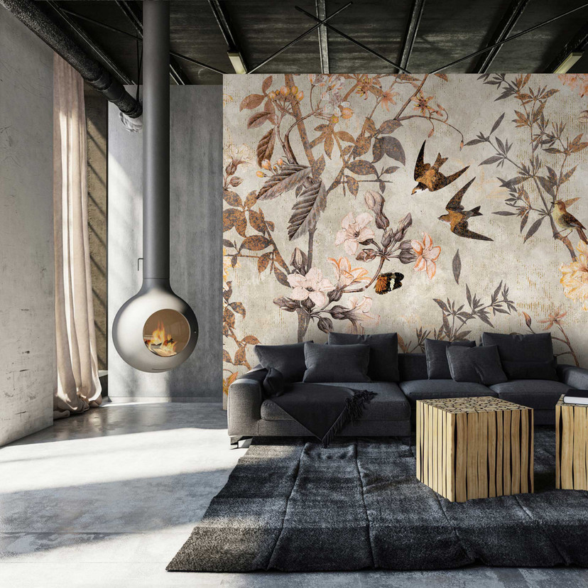 Papier peint botanique avec oiseaux - Design ancien papier peint intissé