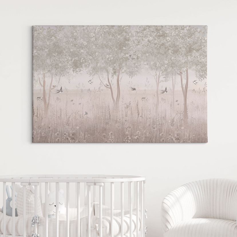 Canvas schilderij voor kinderkamer Zomerzwaluwen in een bos bloemen - Ms Tiff