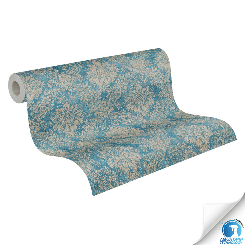 Papier peint ornemental baroque turquoise beige - Papier peint intissé classique - tapisserie sans c