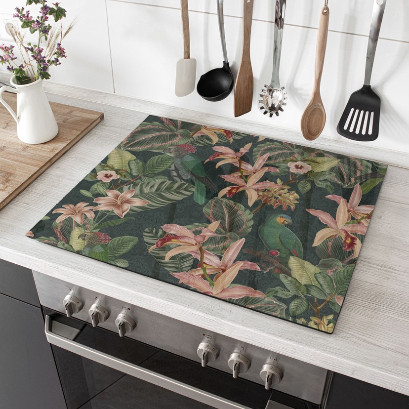 Plaque de cuisson jungle avec perroquets vert nuit - Bloomery Decor