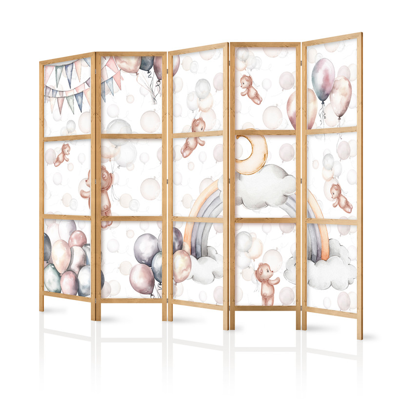 Japanischer Paravent, Raumteiler freistehend, Trennwand - Plush Bears with Balloons - Pastel Colors