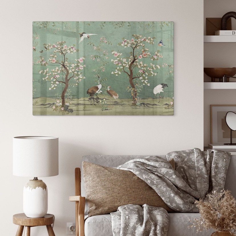 Glasschilderijen Kraanvogels in bloemenlandschap - Bloomery Decor
