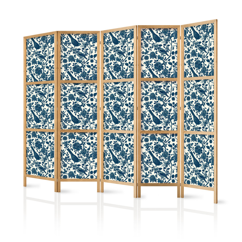 Japanischer Paravent, Raumteiler freistehend, Trennwand - Rose Vines with Blue Birds