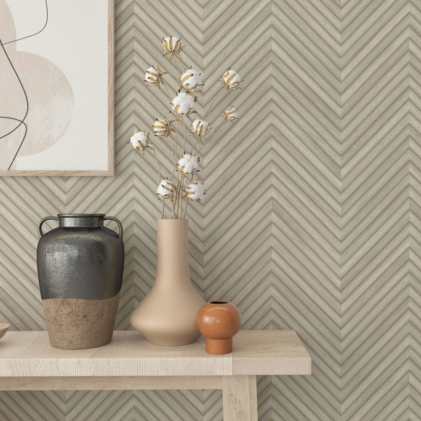 Non-woven tapet med sildebensmønster og trælook beige trælook