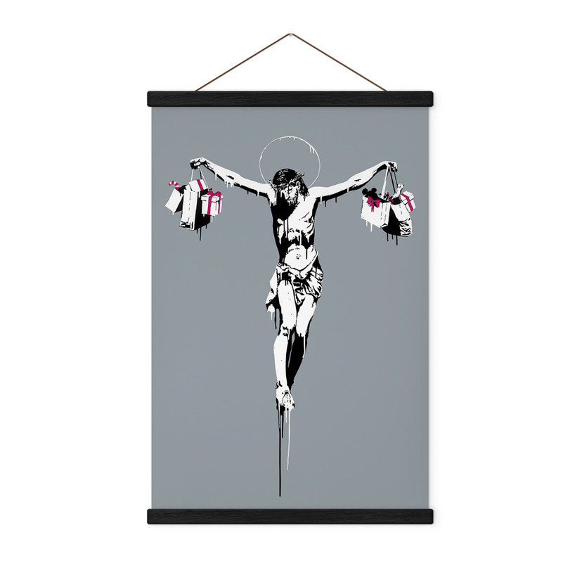 Obraz z tkaniny Banksy'ego - Jezus Chrystus z torbami na zakupy