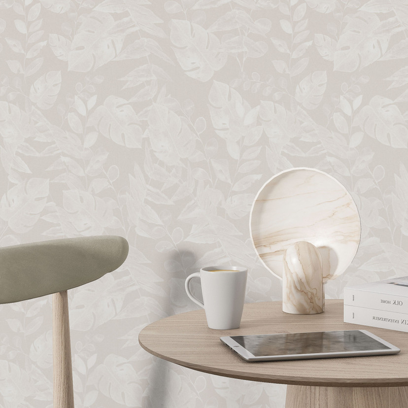 Tapet med mønster af planter, tropiske blade, beige - Bloomery Decor