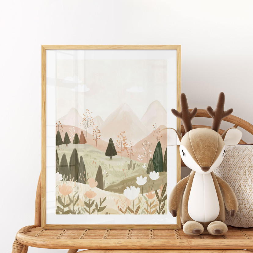 Plakat pastelowy krajobraz górski z kwiatami - Treechild