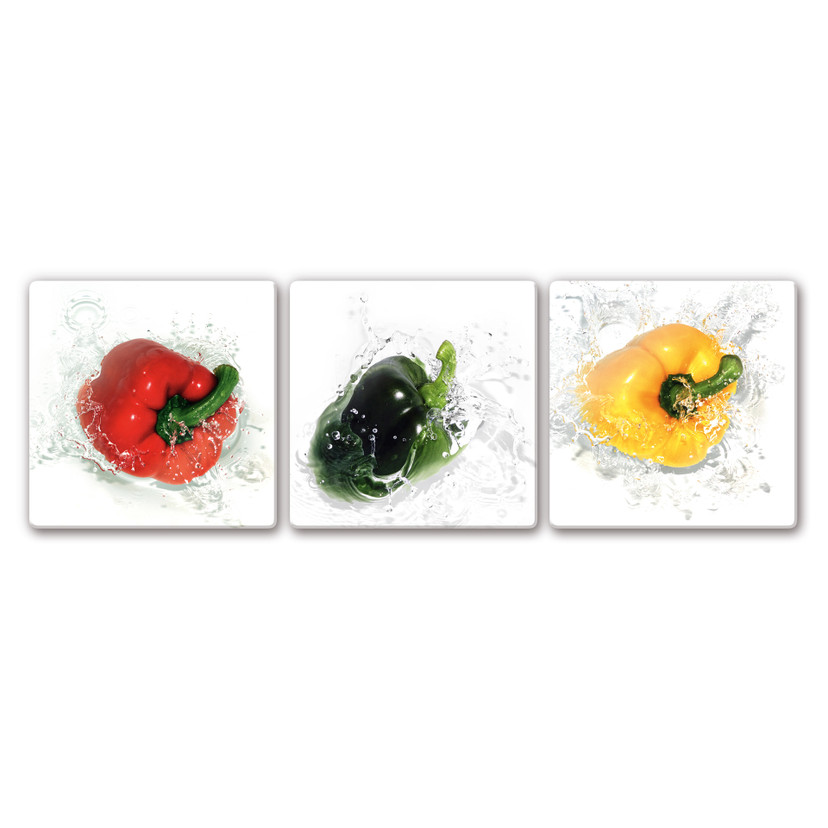 Glasbild Splashing Paprika (3-teilig)
