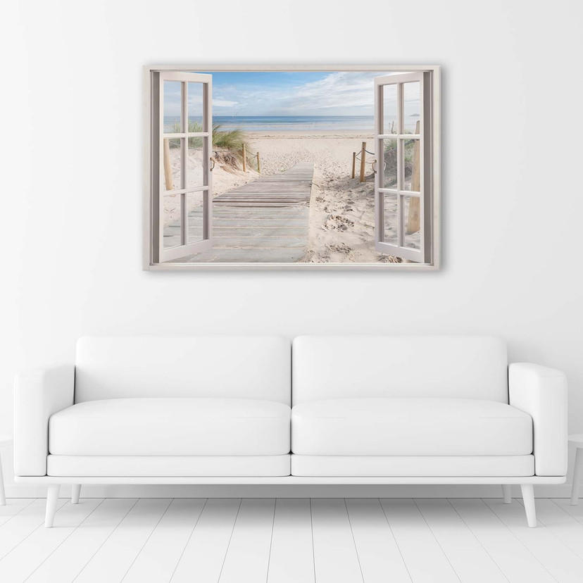Canvasbillede, Vinduesudsigt strand havlandskab