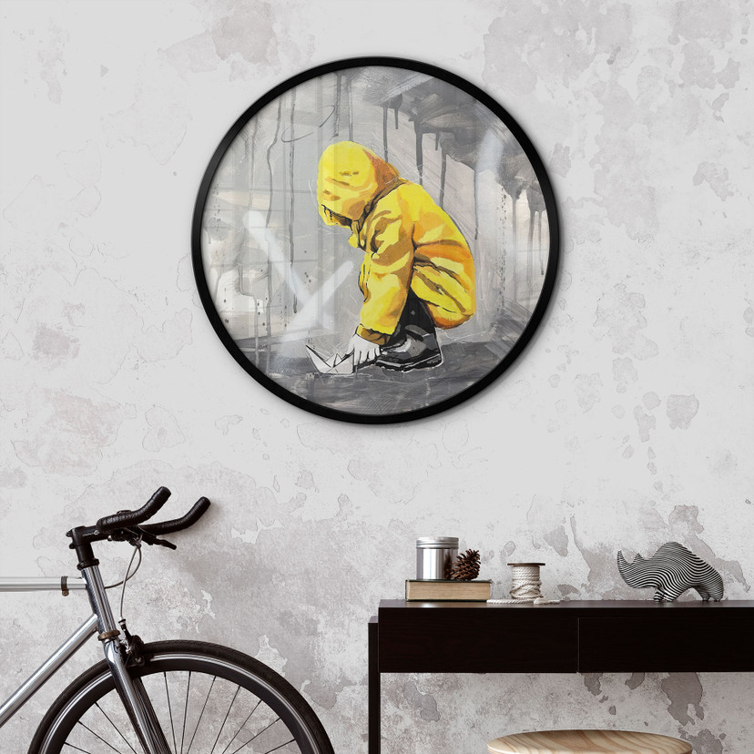 Poster Enfant avec Bateau en Papier Street Art - Habib - Rond