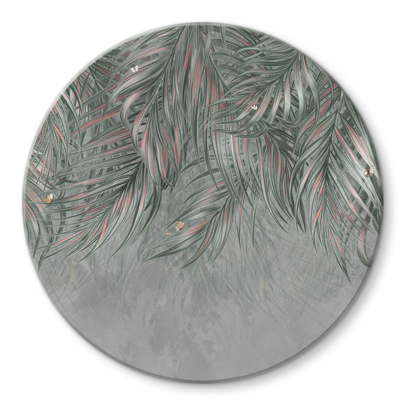 Glasschilderijen Exotische palmbladeren roze-groen - Ms Tiff - Rond