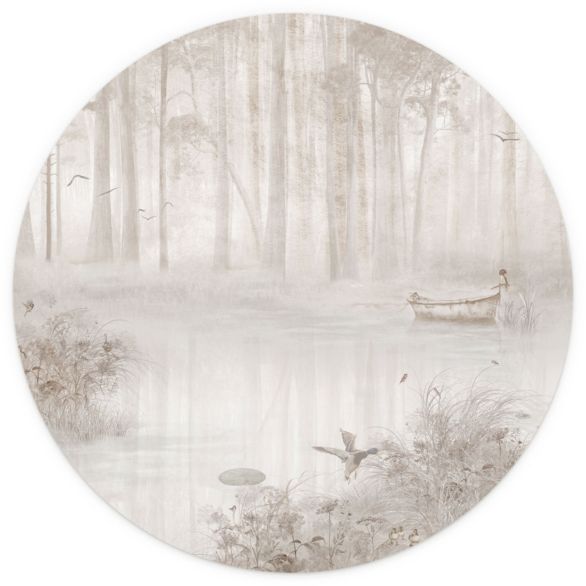 Bos bij het meer in de mist in beige - Ms Tiff - Rond - Zelfklevend/niet-geweven