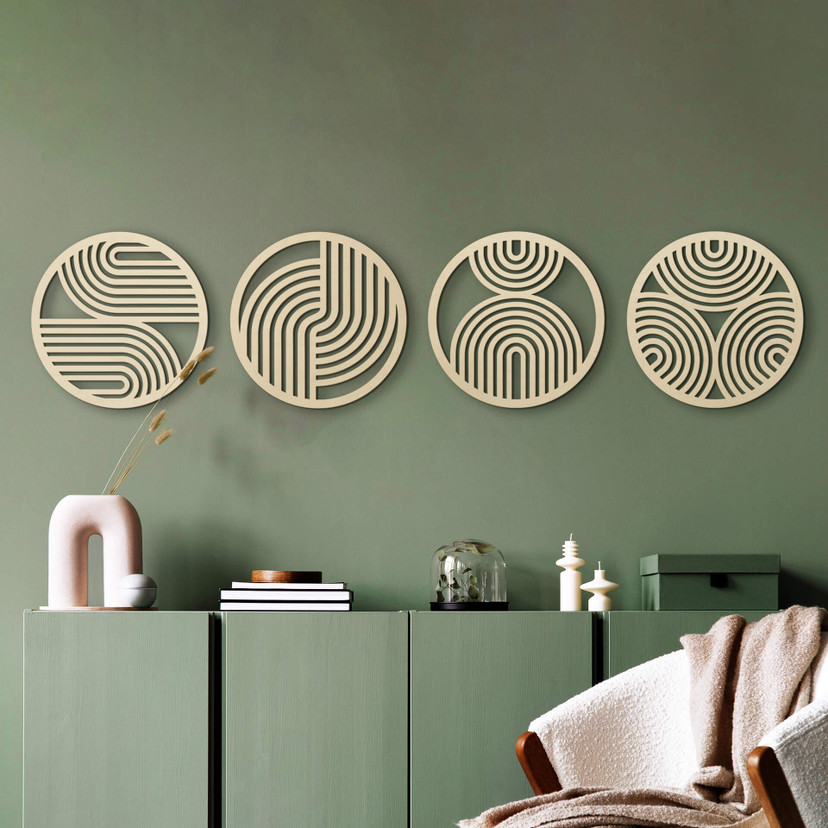 Drewniana dekoracja Boho rainbow - okrągła geometryczna sztuka (zestaw 4 sztuk) - topola