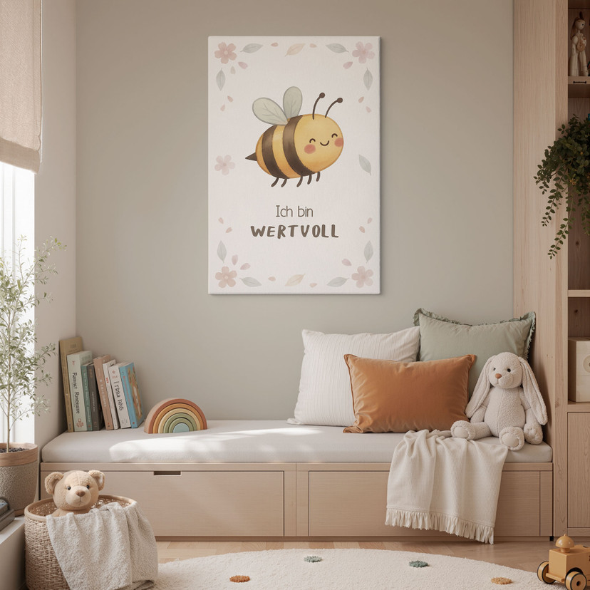 Leinwandbild mit Biene - Affirmation 'Ich bin wertvoll' für das Kinderzimmer