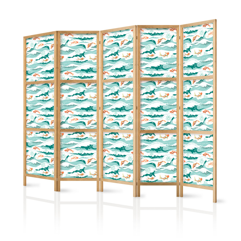 Japanischer Paravent, Raumteiler freistehend, Trennwand - Fish Jumping Over Waves