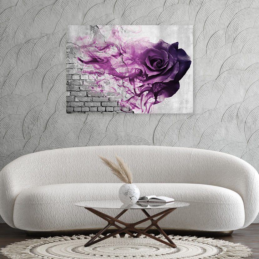Canvas schilderij, Paarse roos bloemen baksteen look