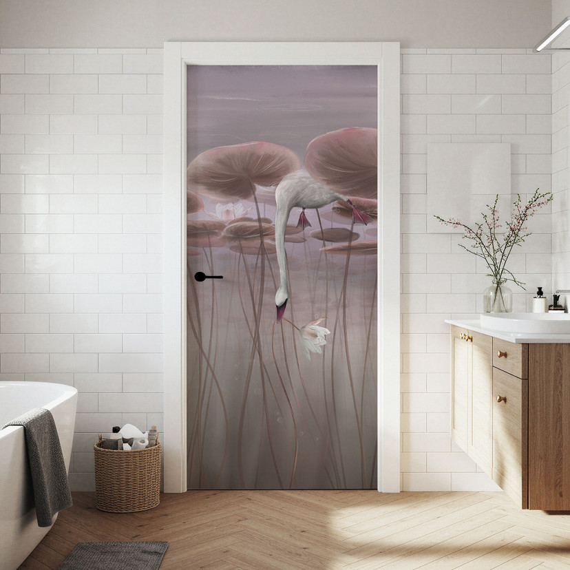 Deurfolie lotusbloemen met zwaan in water in donkerroze - Ms Tiff