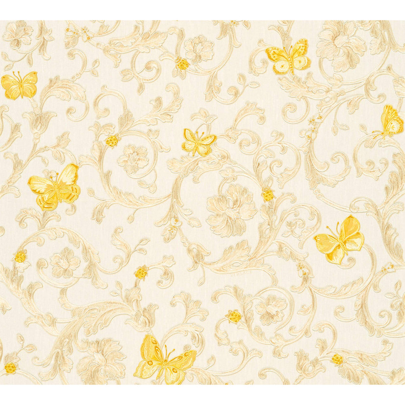 Versace tapet, Fleecetapet Butterfly Barocco Baroktapet med ornamenter, sølv, gul, creme