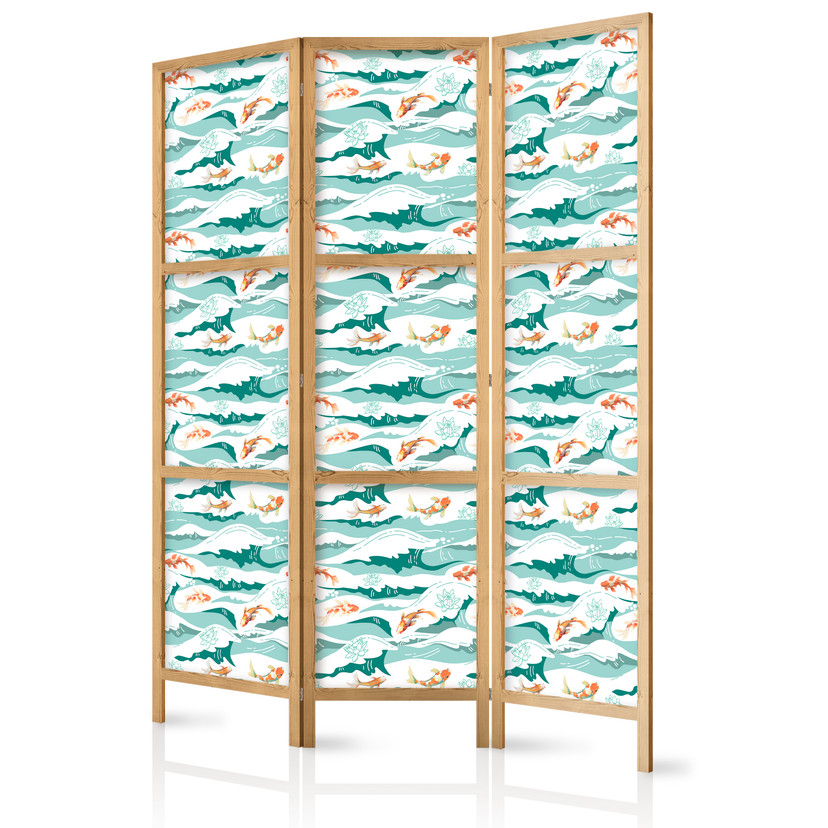 Japanischer Paravent, Raumteiler freistehend, Trennwand - Fish Jumping Over Waves