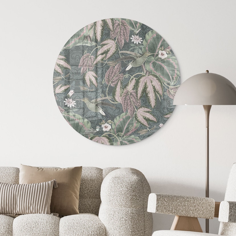 Tableau en verre Colibri dans la forêt tropicale - Bloomery Decor - Rond