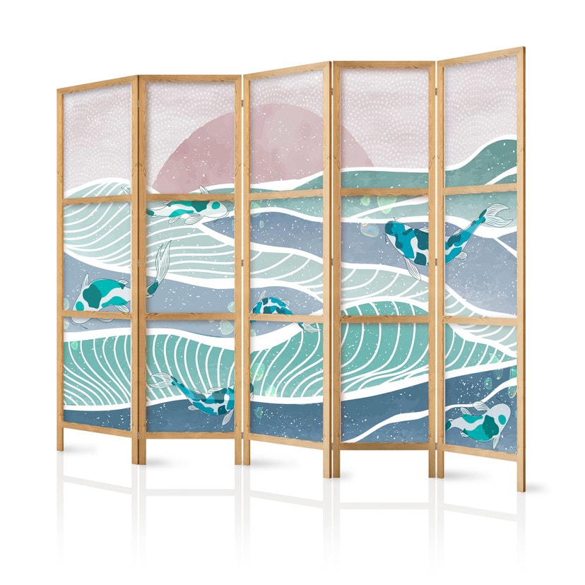 Japanischer Paravent, Raumteiler freistehend, Trennwand - Koi Fish Among Waves