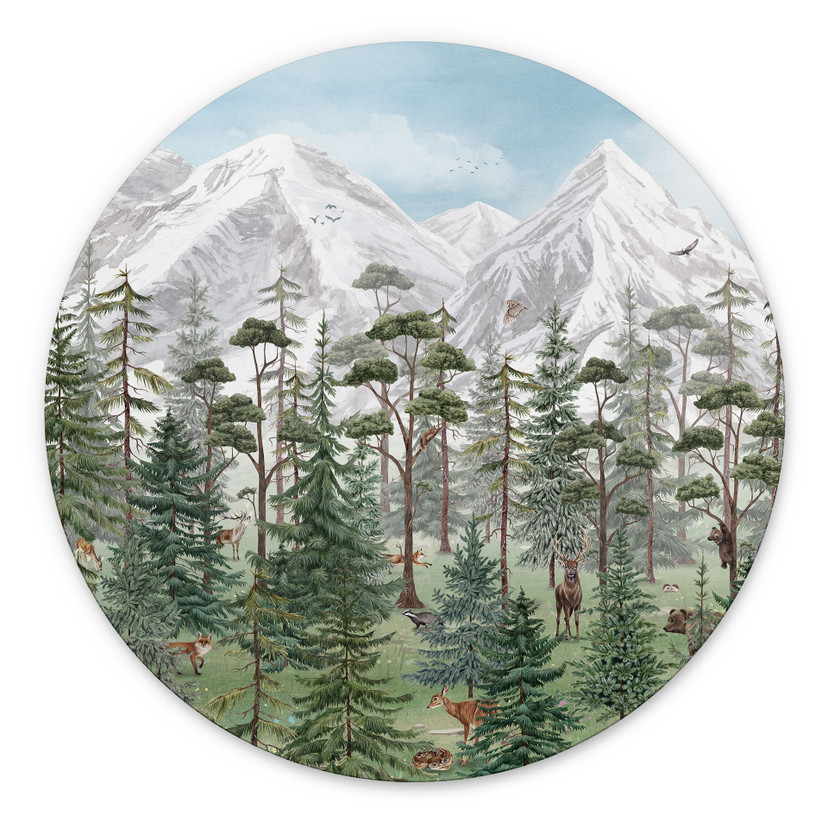 Tableaux Animaux de la forêt alpine verte - Kikki Belle - Alu-Dibond Rond