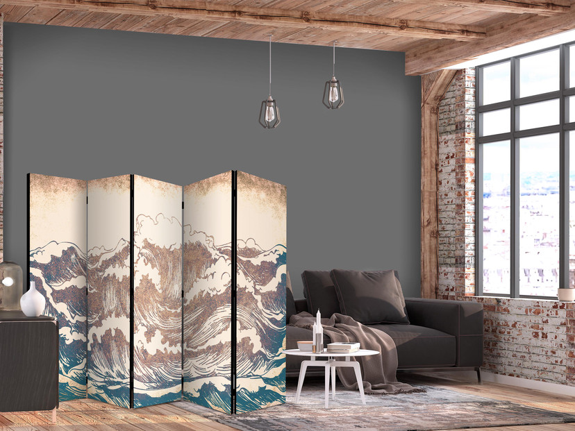 Paravent, Raumteiler freistehend, Trennwand - Turbulent Ocean , 5-teilig - 225x172 cm
