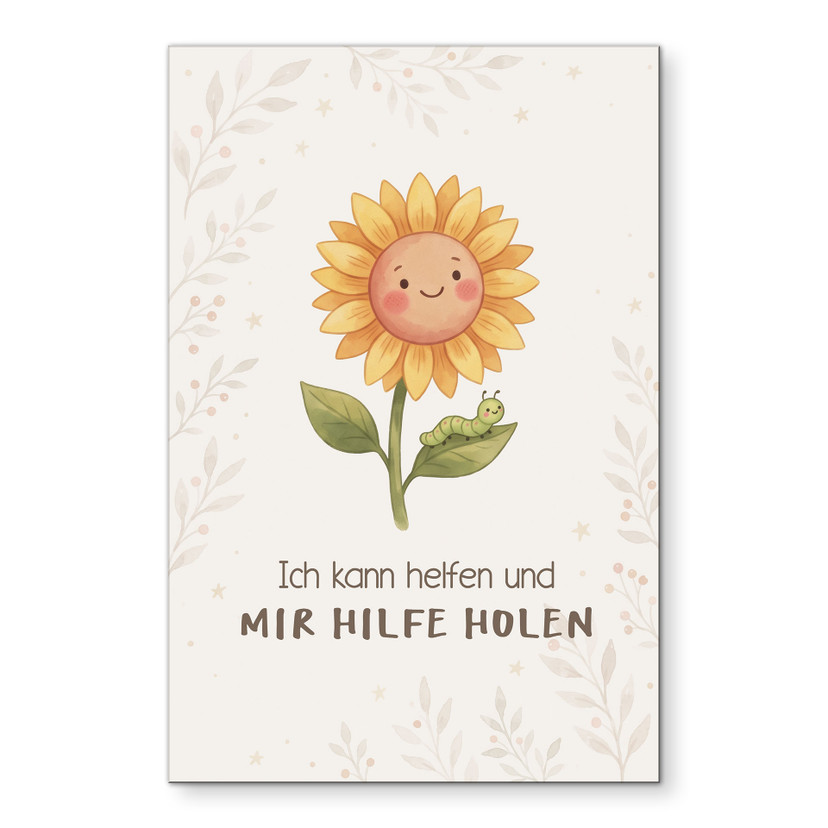Alu-Dibond Wandbild mit Sonnenblume und Raupe - Kraftsatz 'Ich kann helfen' für Kinder