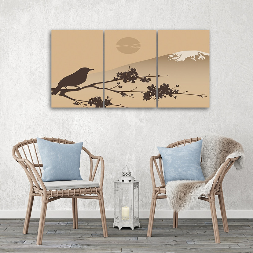 3-delt lærredstryk Japan Fuji Bird Beige