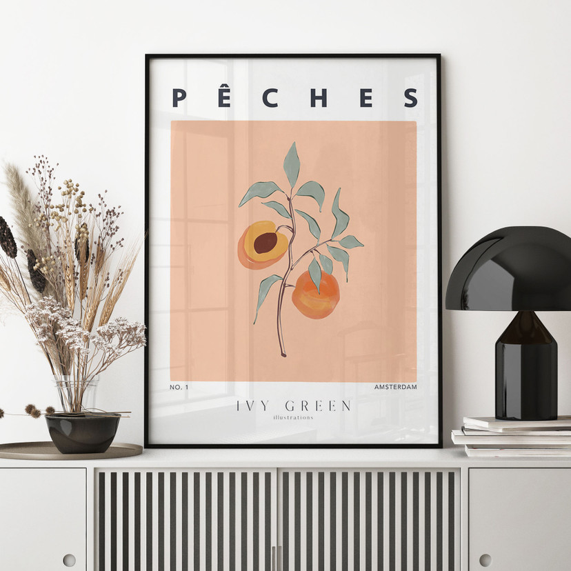 Plakat Soczyste Brzoskwinie - Ilustracja w kolorze zielonego bluszczu