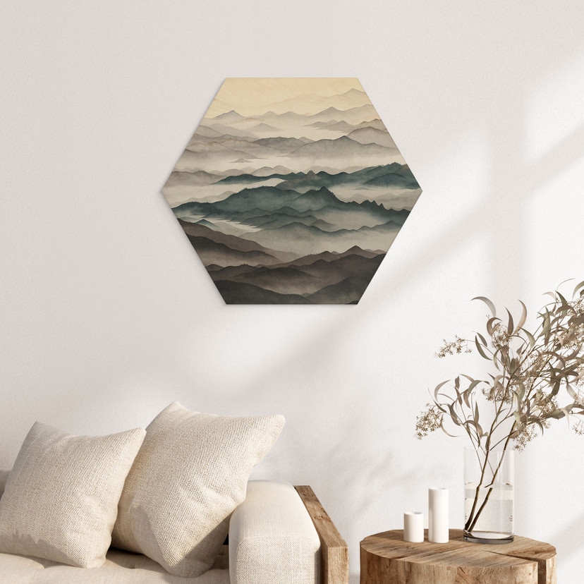 Hexagone Panneau en Bois Roerich Light - Paysage Montagneux Brumeux - Sir Edward x Grigory Gladarev