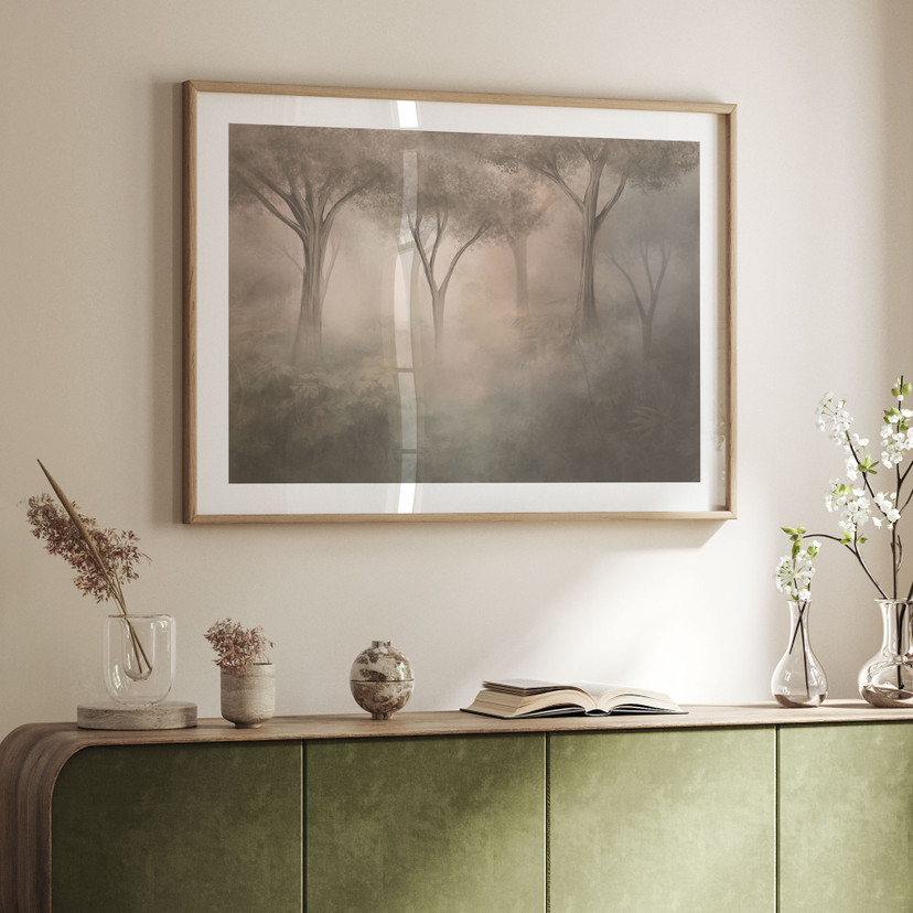 Poster Bosmagie in de ochtendnevel Beige - Ms Tiff