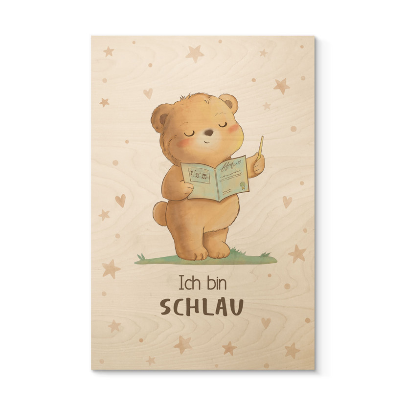 Holzbild mit lesendem Bär - Glaubenssatz 'Ich bin schlau' fürs Kinderzimmer