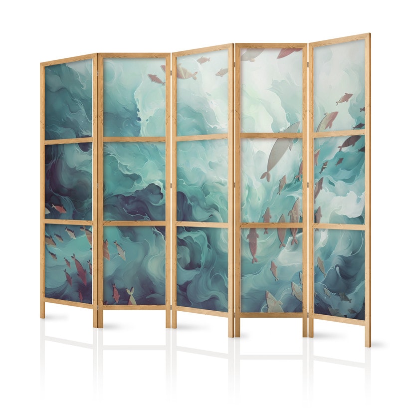 Japanischer Paravent, Raumteiler freistehend, Trennwand - Escaping Fish in Muted Colors Among Ocean