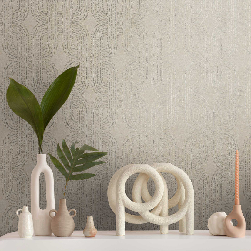 Papier peint géométrique beige argent - papier peint intissé avec motif à lignes modernes - vinyle e